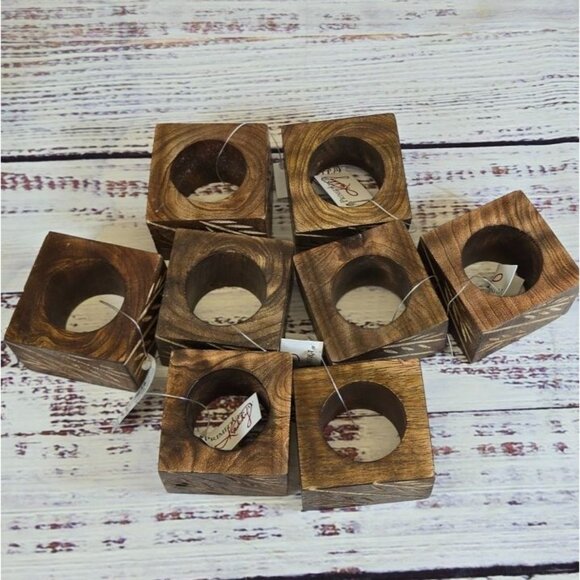 NWT Rustic Square Napkin Rings Bamboo carved real wood Boho Natural 8pc set - Picture 5 of 9